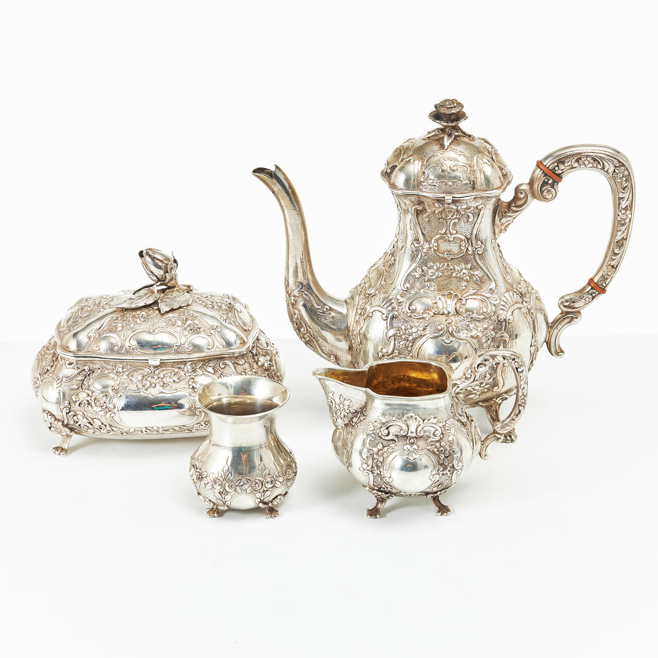 COFFEE SET, 4 dlr., silver, Rococo style, Hanau, Germany, partially gilded interior, buds in the shape of roses.