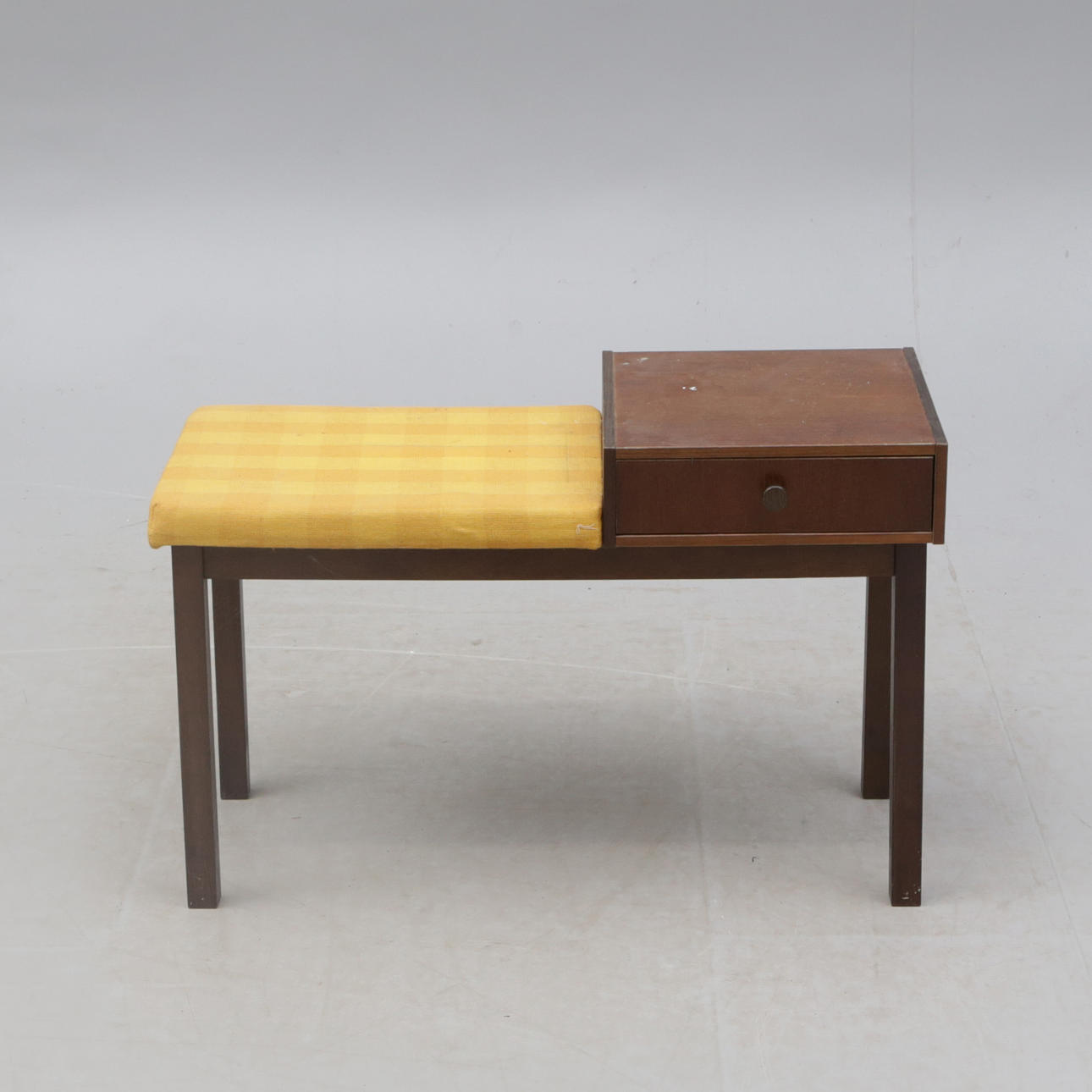TELEPHONE BENCH. with box and textile cushion, c. 1970.