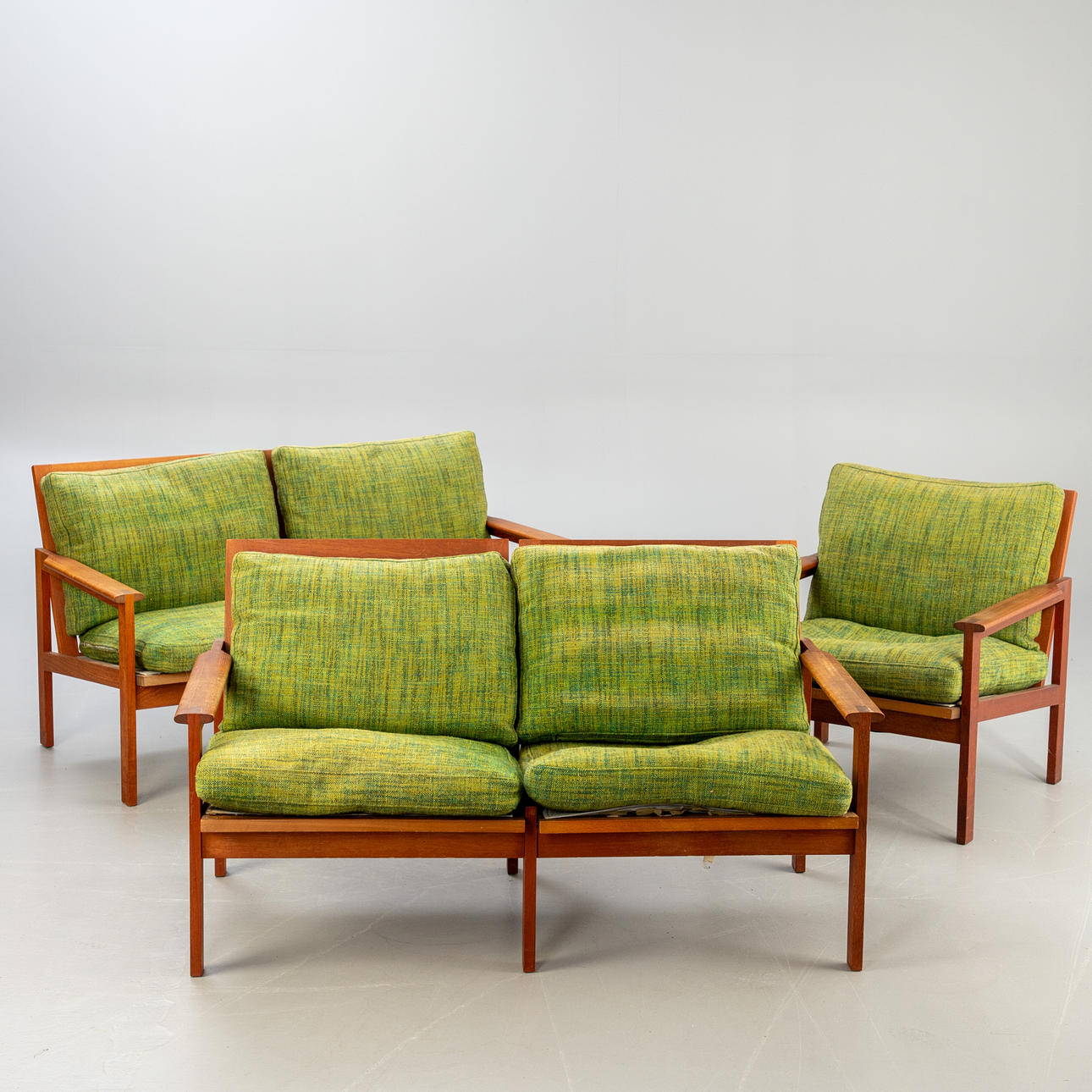 ILLUM WIKKELSØ. Niels Eilersen A/S. Seating group, “Capella” 2 sofas/2-seater + 1 armchair, Denmark, 1960s.