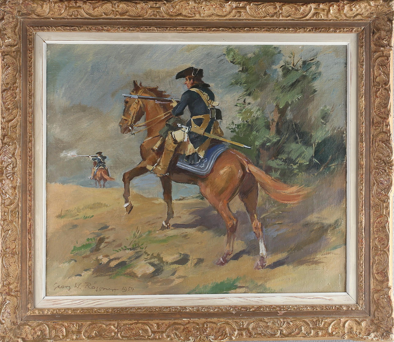 GEORG WALTER RÖSSNER. Karoliner till häst, olja på duk, signerad samt daterad 1954.