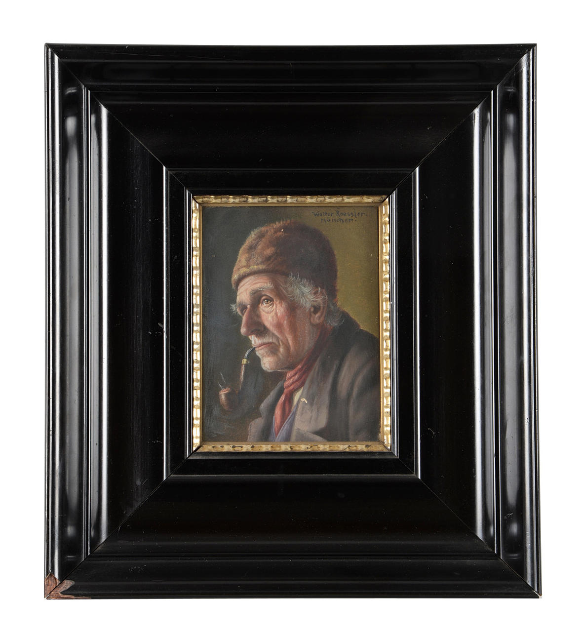 WALTER ROESSLER. Rural piprökare. genre målningar, miniatyr målningar.