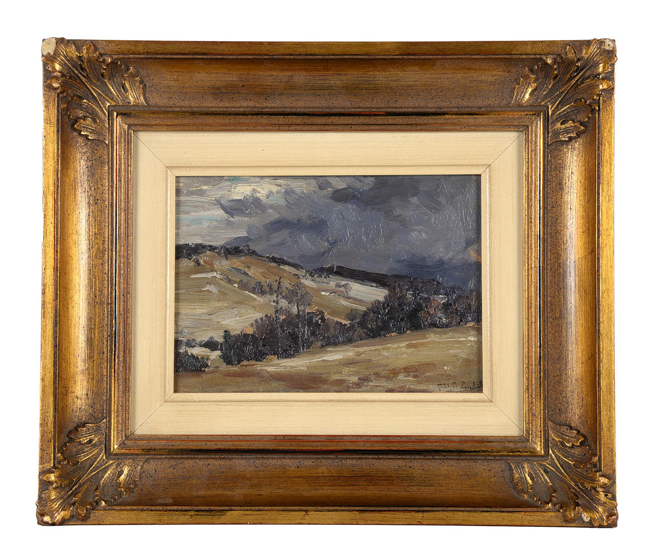 UNBEKANNT KUNSTLER. Impressionistiskt landskap under molnig himmel.