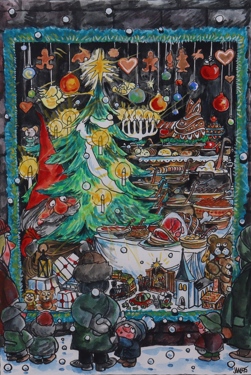 OIDENTIFIERAD KONSTNÄR. akvarell, julpyntat skyltfönster.