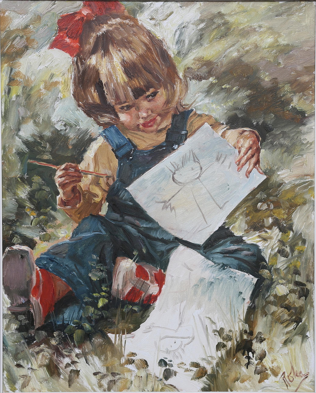 CHARLES ROKA. Tecknande barn. Olja på duk. Signerad.