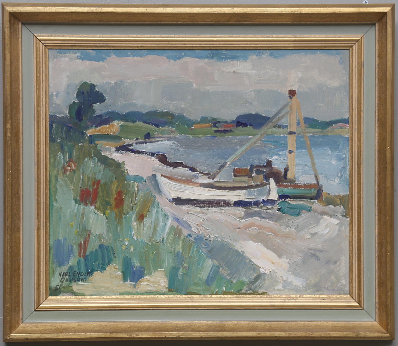 KARL ENOCK OHLSSON. "Strandmotiv". Olja på pannå. Signerad och daterad -51.