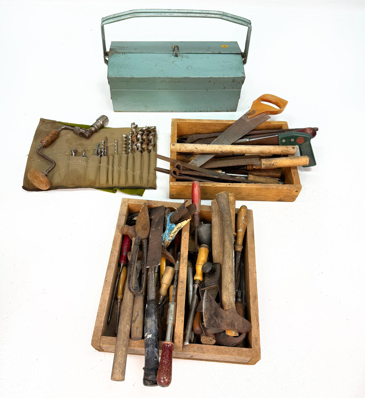 TOOL BOXES/TOOLS Wooden box, metal box 1900's.