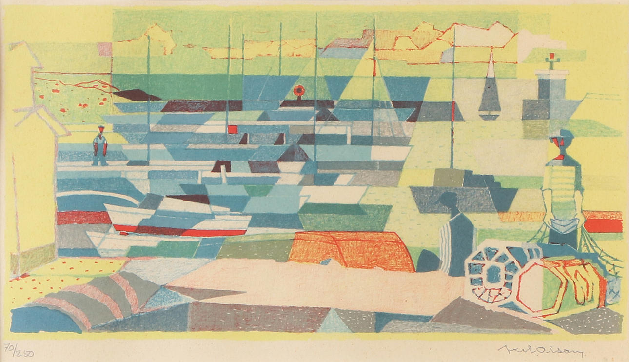 AXEL OLSON. Lithography, 70/250. Cubist harbour motif. Signed.