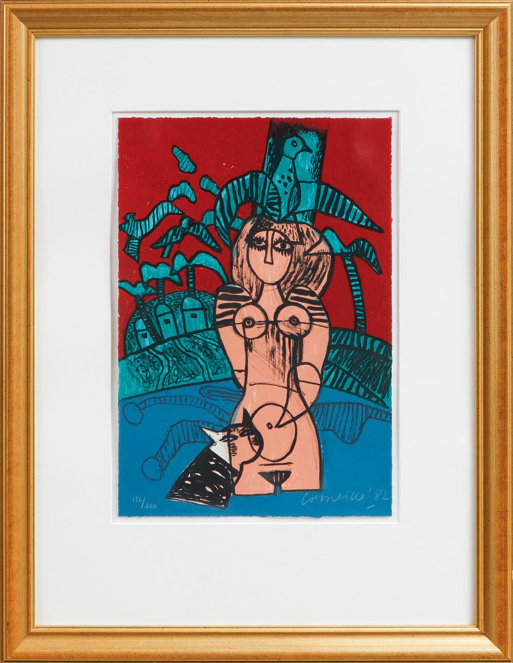 BEVERLOO CORNEILLE. Lithograph in colours, Woman with animals, signed, numbered 136/200 and dated -82.