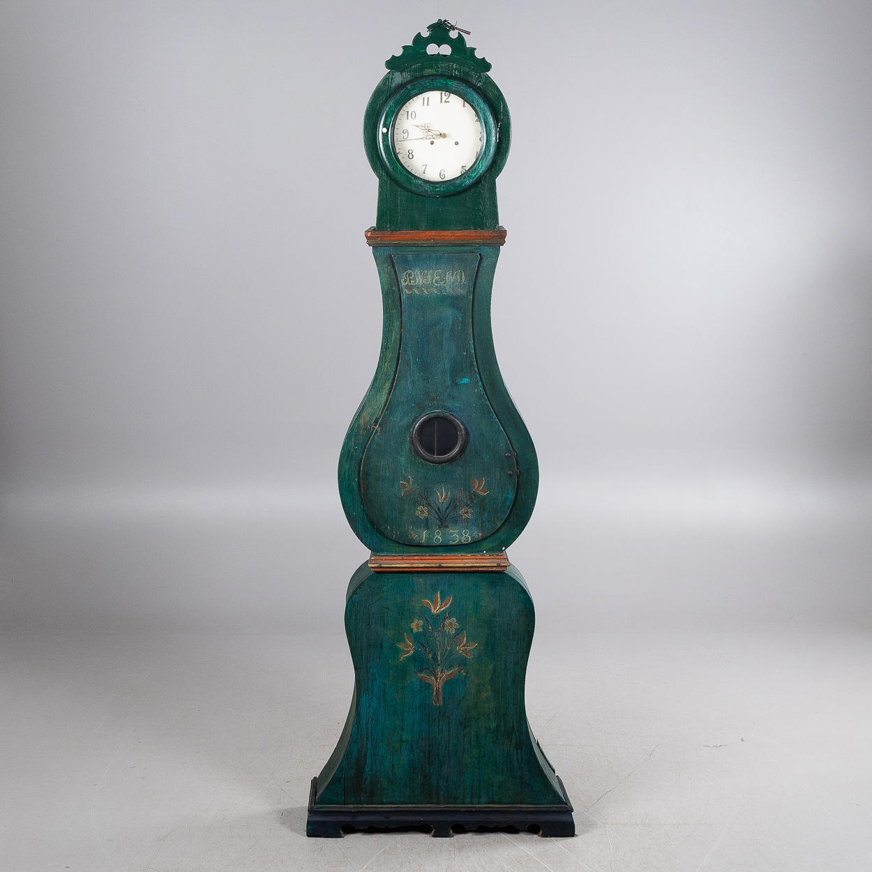FLOOR CLOCK, Moraklocka, painted wooden frame, dated 1838.