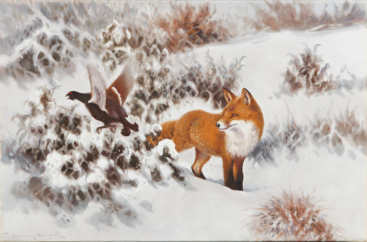 HENNING HOUGAARD. Fox and perch, oil on canvas, signed.