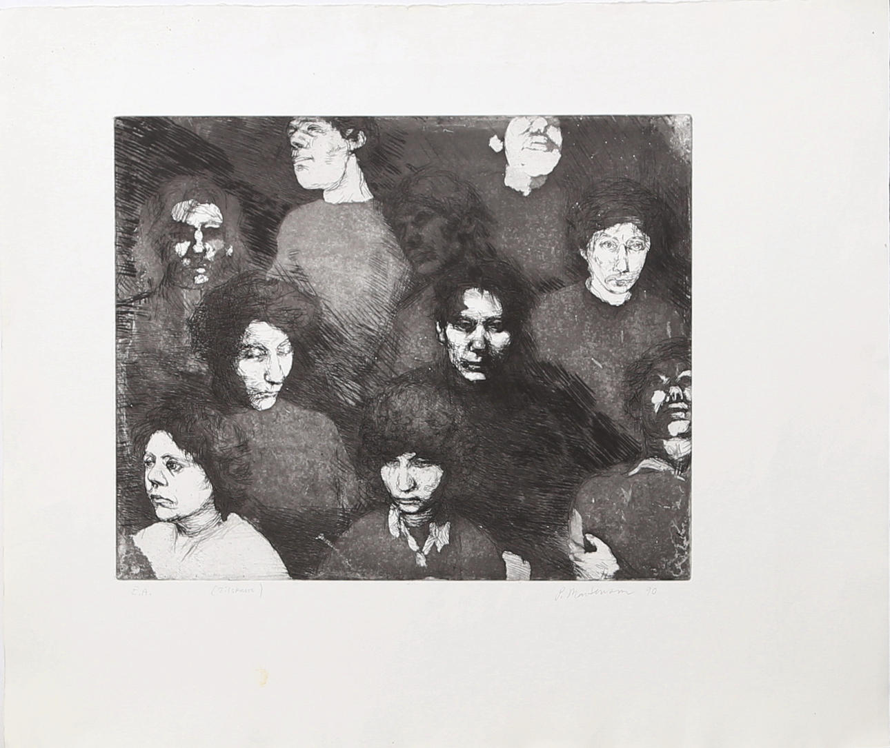 PETER MARTENSEN. Tilskuere, etsning nr EA, signerad P Martensen och daterad -90.