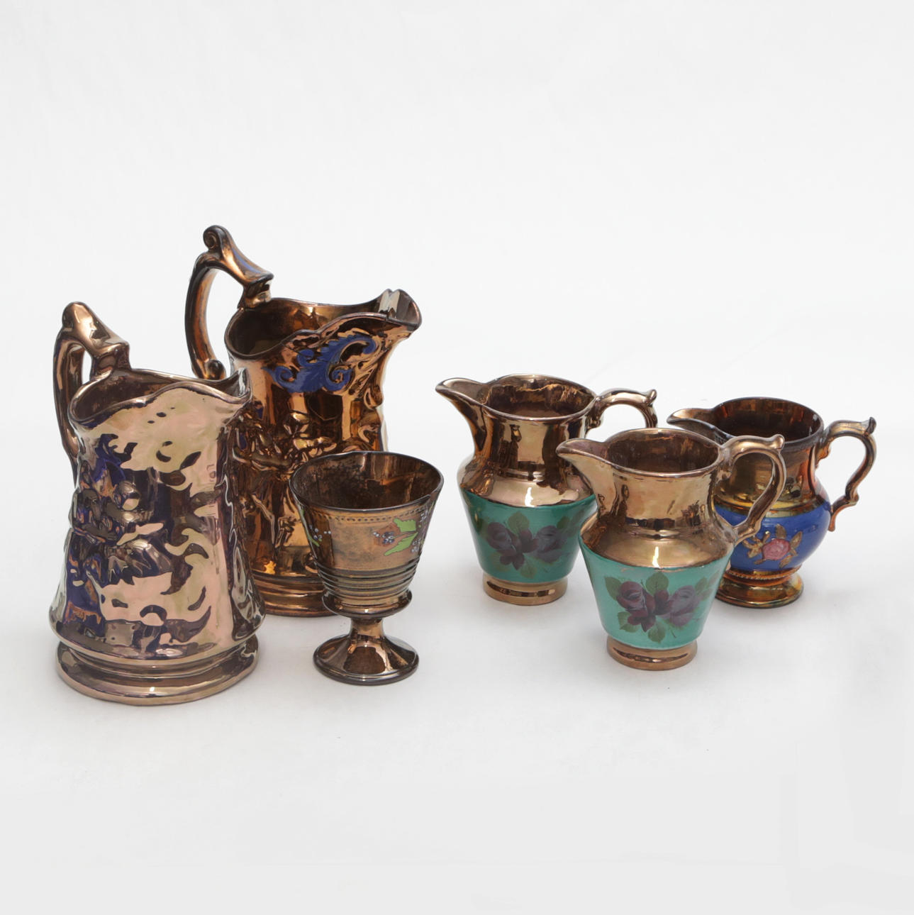 A set of 6 ceramic objects, cobalt/luster ceramics, 19th century.