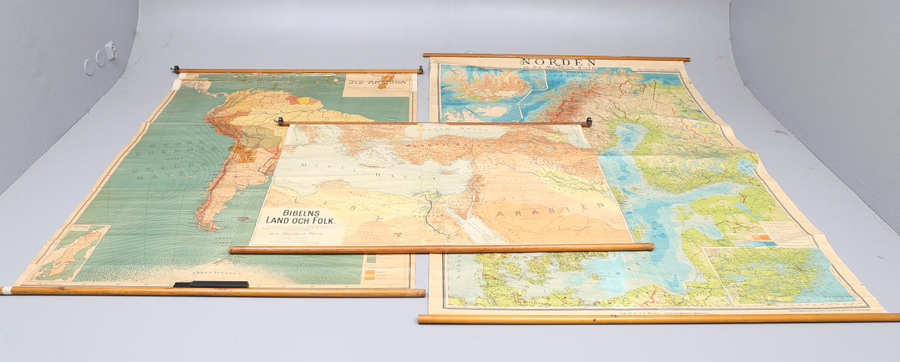 SKOLKARTOR, 3 st, Sydamerika, Norden, Bibelns land och folk.