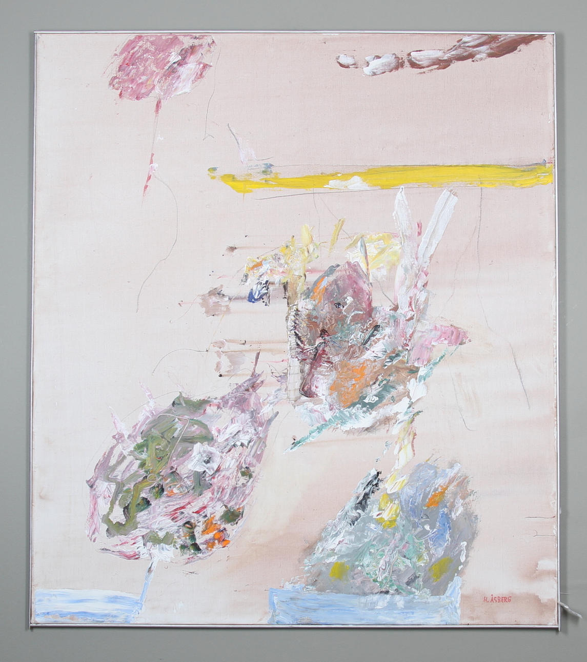 HANS ÅSBERG. Motiv i rosa, blå och gula färger. Akryl på duk, signerad och daterad a tergo 1995.