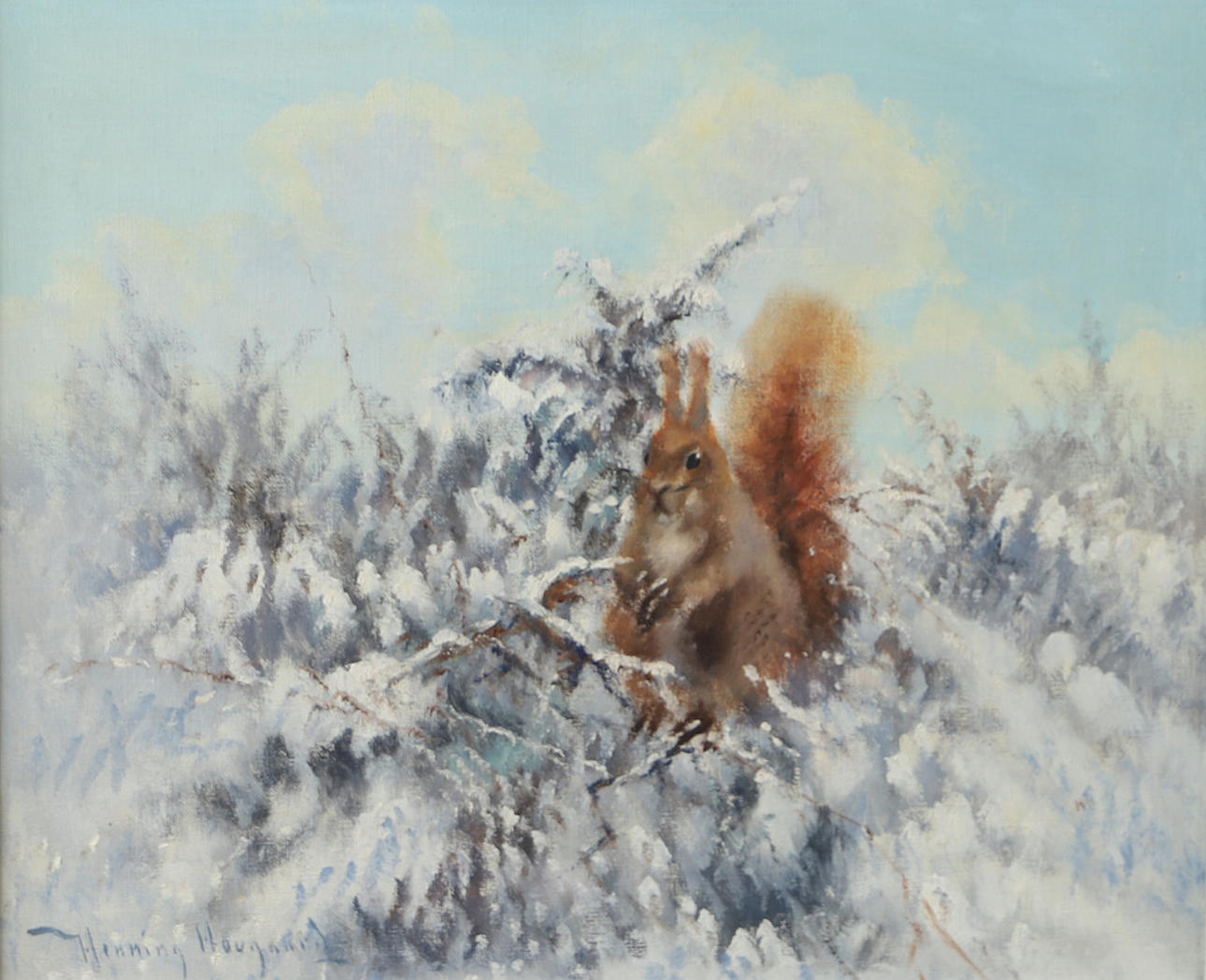 HENNING HOUGAARD. Squirrel in winter landscape, oil on canvas, signed.