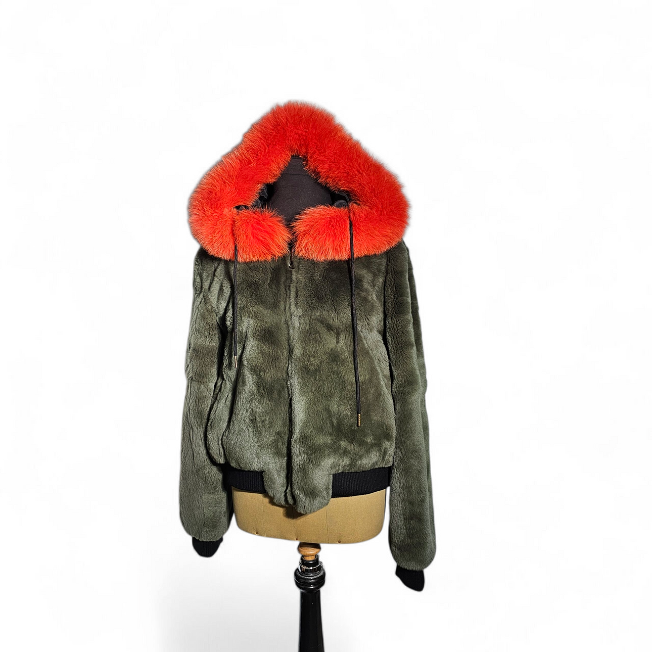 Rex leather reversible bomber jacket with fox collar in green and orange tones.