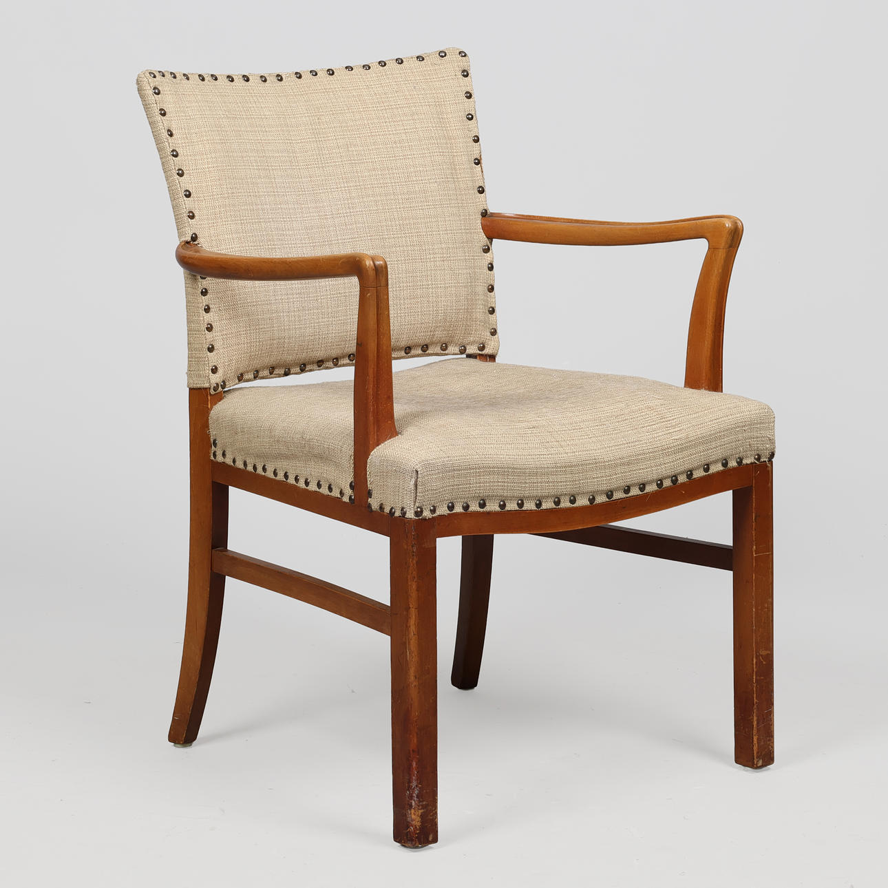 Danish master carpenter, armchair with curved armrests, solid beech wood and stitched textile, Denmark, 1930/40s.