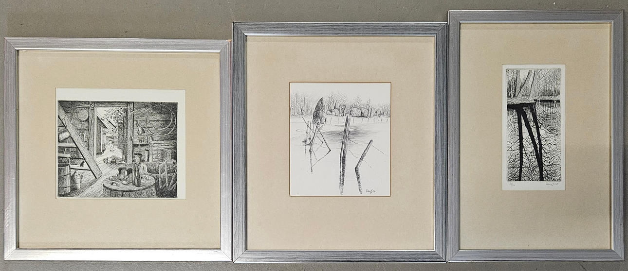 ERLING JOHANSSON. Etchings, 2 pieces and drawing, signed.