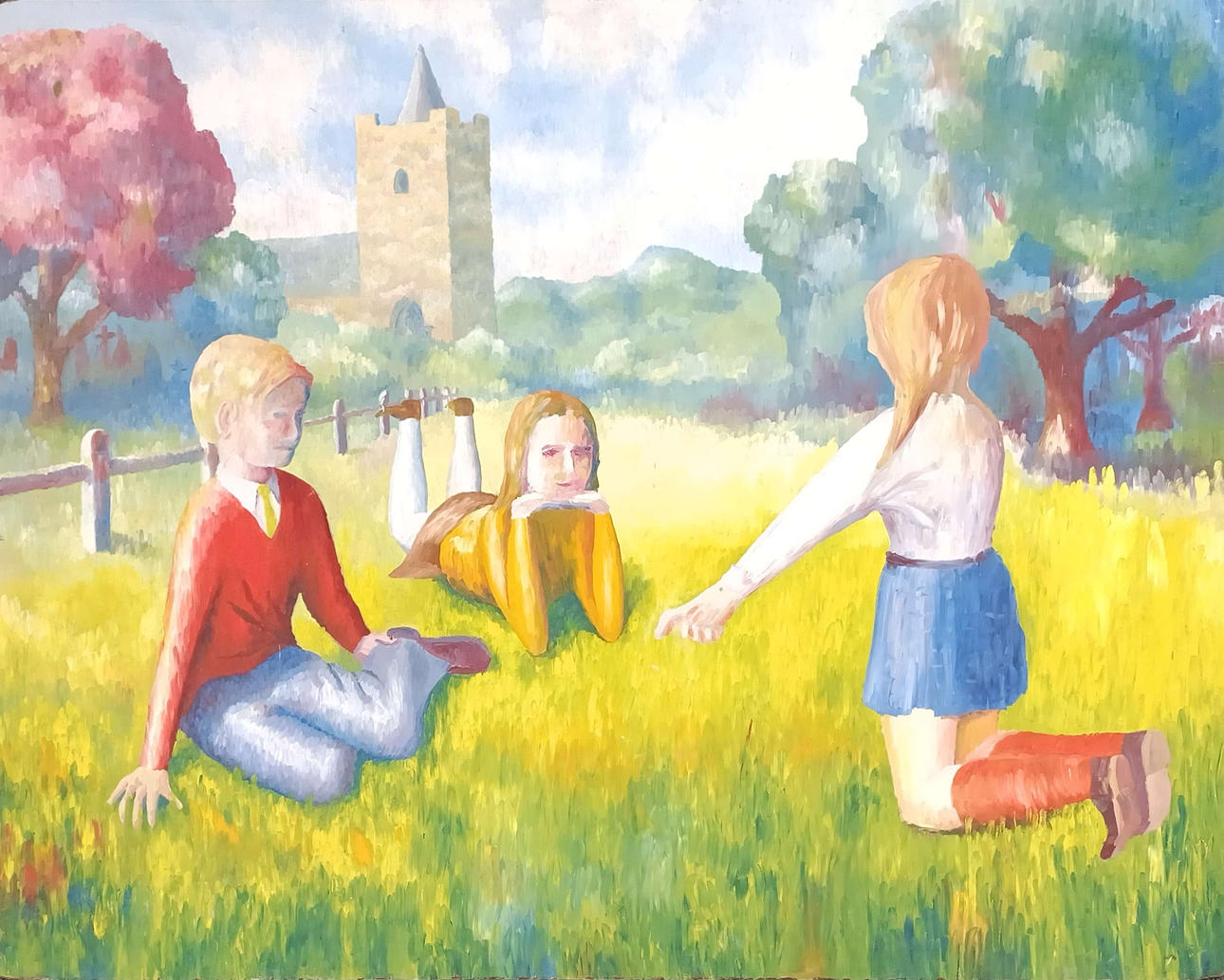 UNFRAMED LARGE OIL ON HARDBOARD.