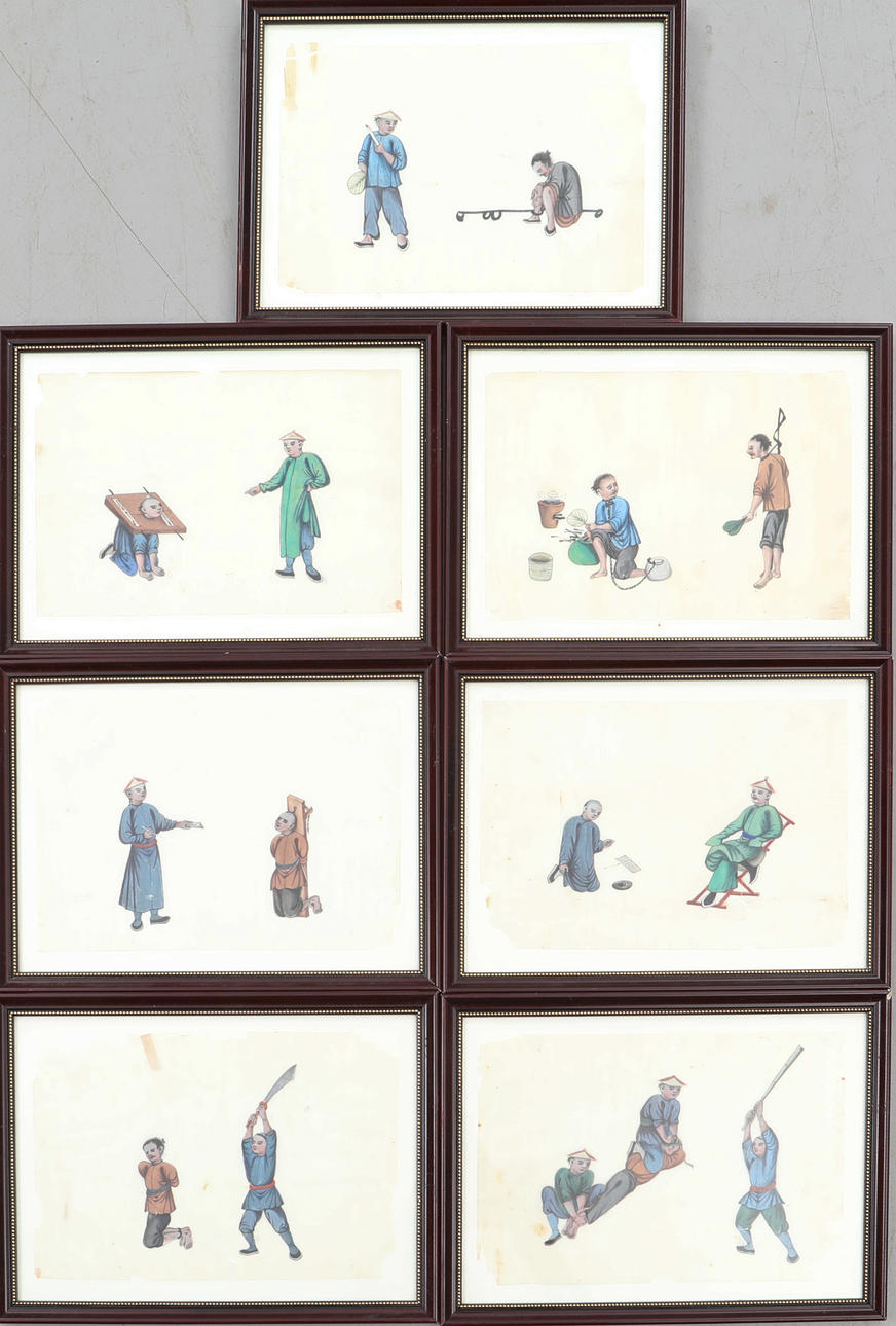 Gemälde, 7 chinesische Rohbilder auf Reispapier.