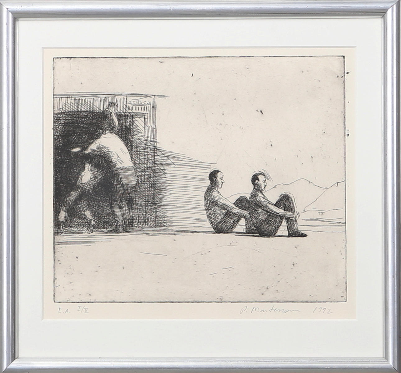 PETER MARTENSEN. Sittande män, etsning nr EA I/V, Signerad P Martensen och daterad 1992.