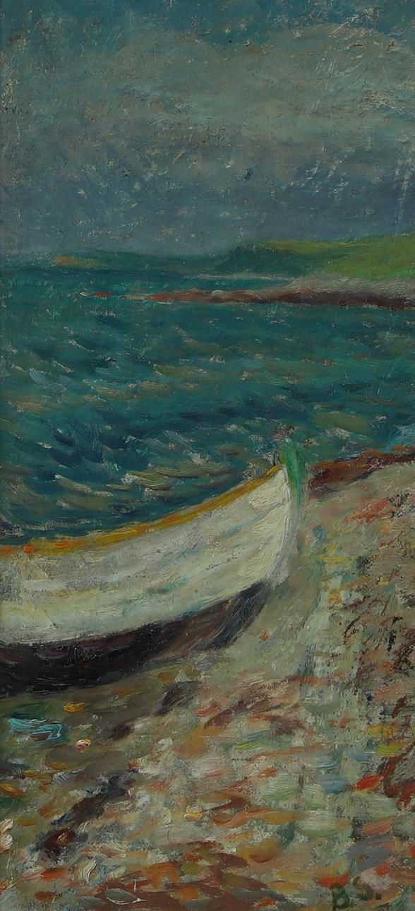 OIDENTIFIERAD KONSTNÄR. Küstengrundstück mit Boot, Mischtechnik, signiert B.S.