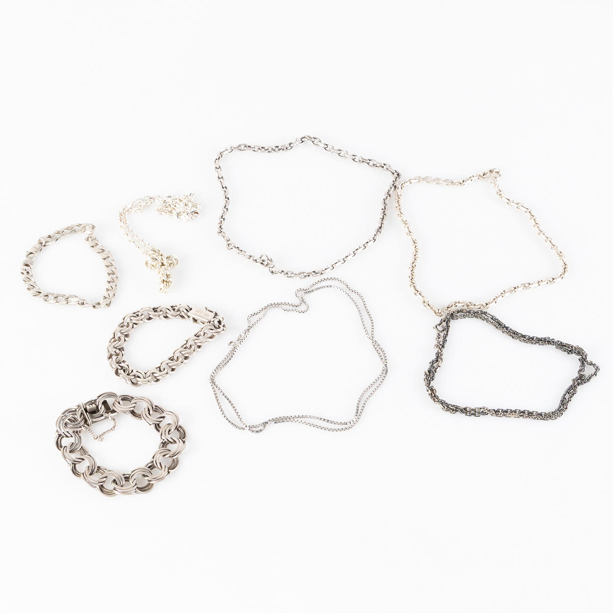 NECKLACE AND ARM CHAINS, silver 8 pcs.