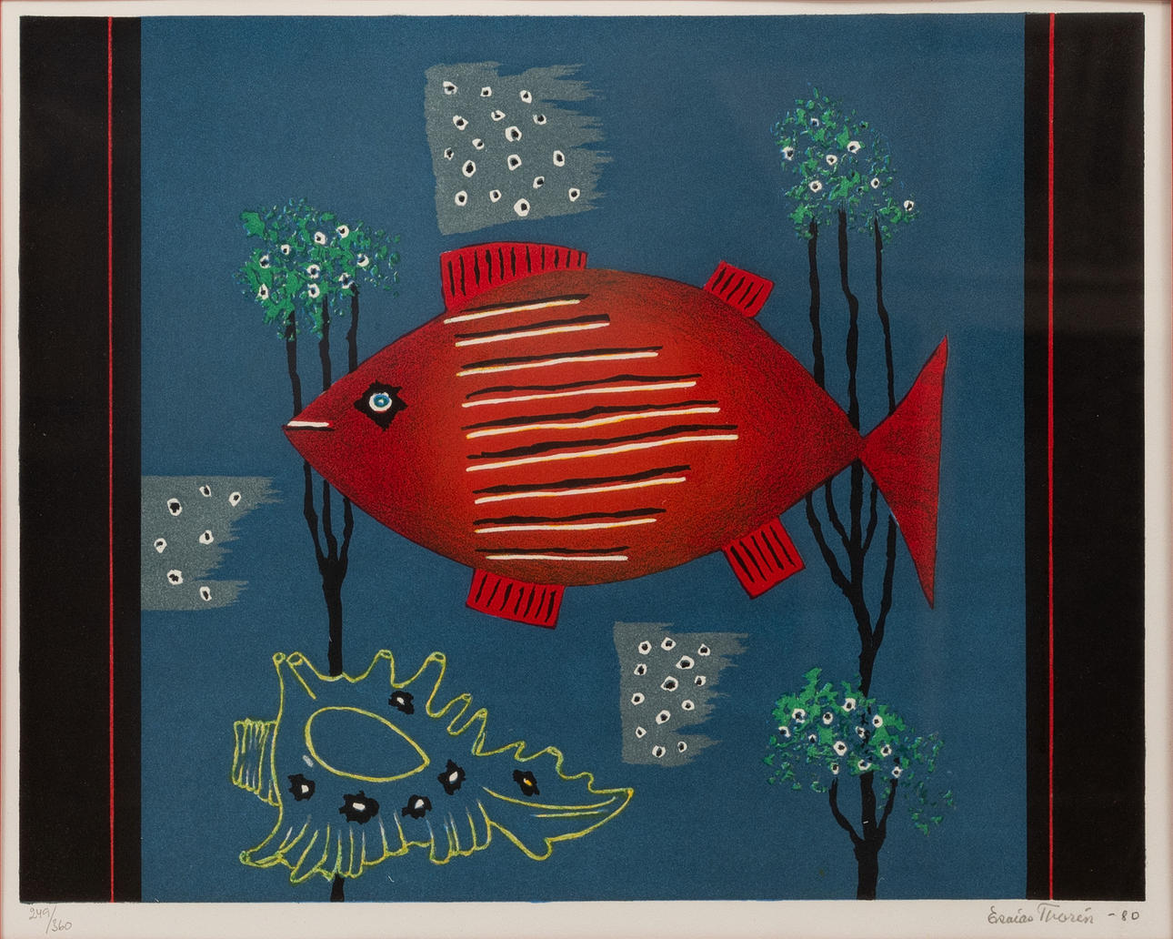 ESAIAS THORÉN. Striped fish, lithograph in colours, signed, numbered 249/360 and dated -80.