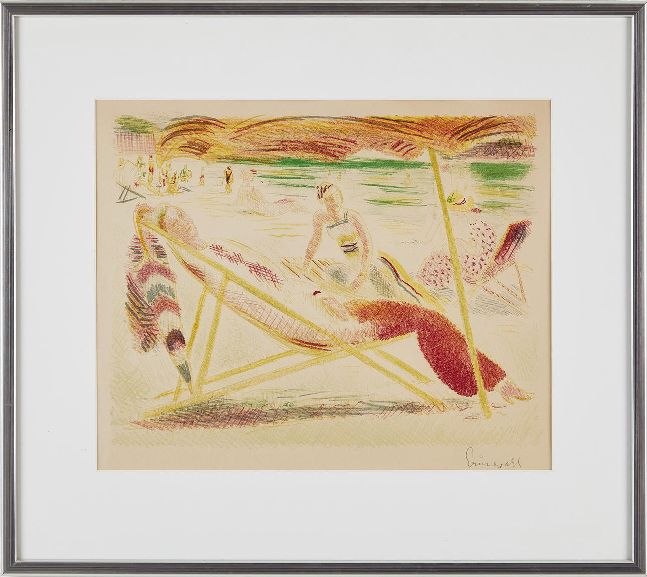 ISAAC GRÜNEWALD. “From Alassio's beach”, colour lithograph, signed.