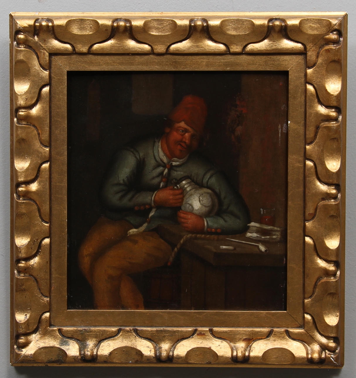 HOLLÄNDSK KONSTNÄR. Man med pipa och tennkrus. 1700-tal. Olja på pannå. Signerad.