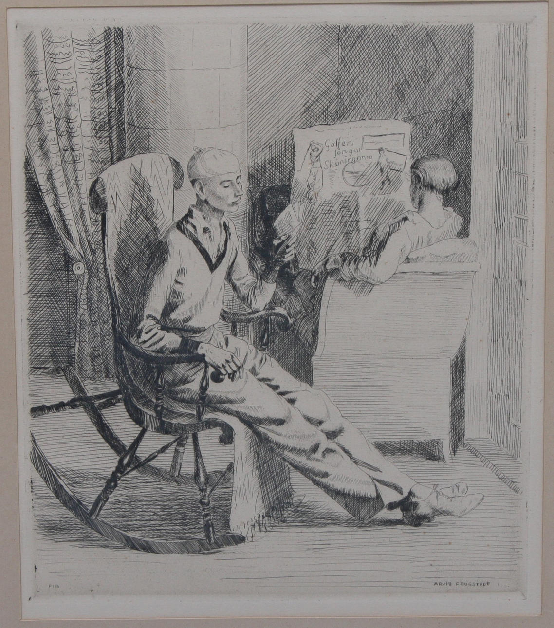 ARVID FOUGSTEDT. Etsning, Interiör med läsande personer. Signerad Arvid Fougstedt.