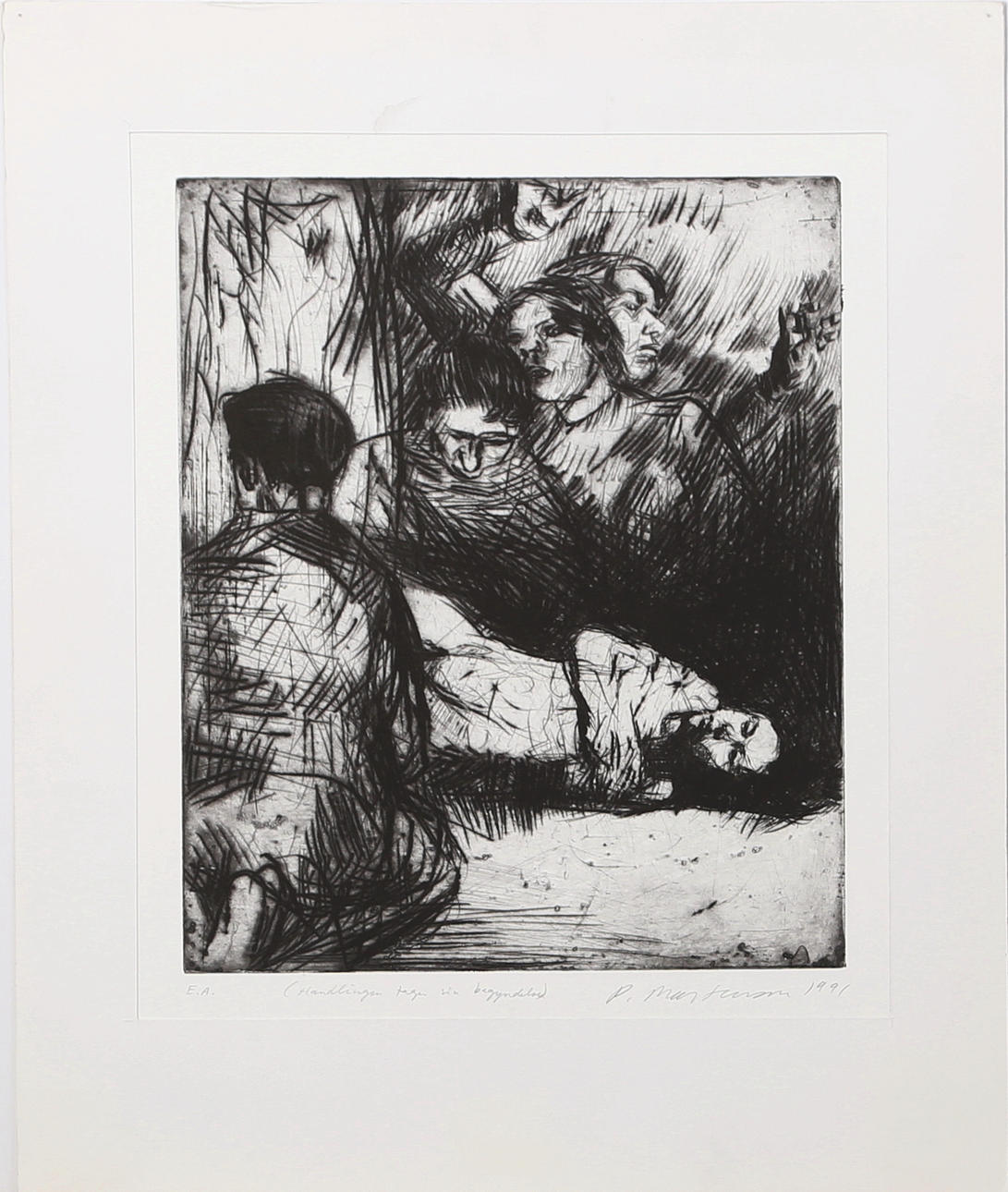 PETER MARTENSEN. Handlingen tager sin begyndelse, etsning nr E A, signerad och daterad 1991.