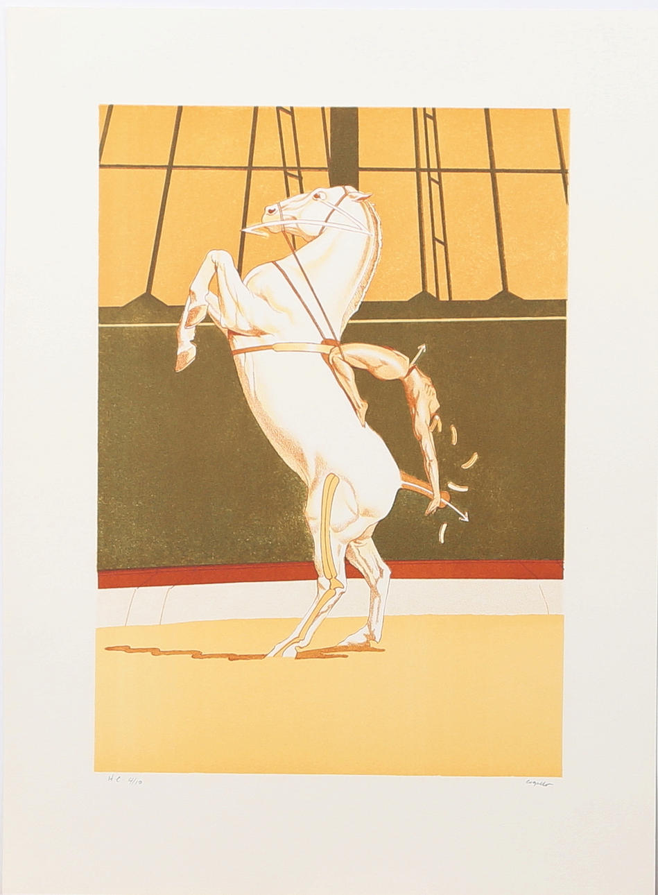 HERIBERTO COGOLLO. Cirkusartist på stegrande häst, färglitografi nr HC 4/100, signerad Cogollo och daterad -84.