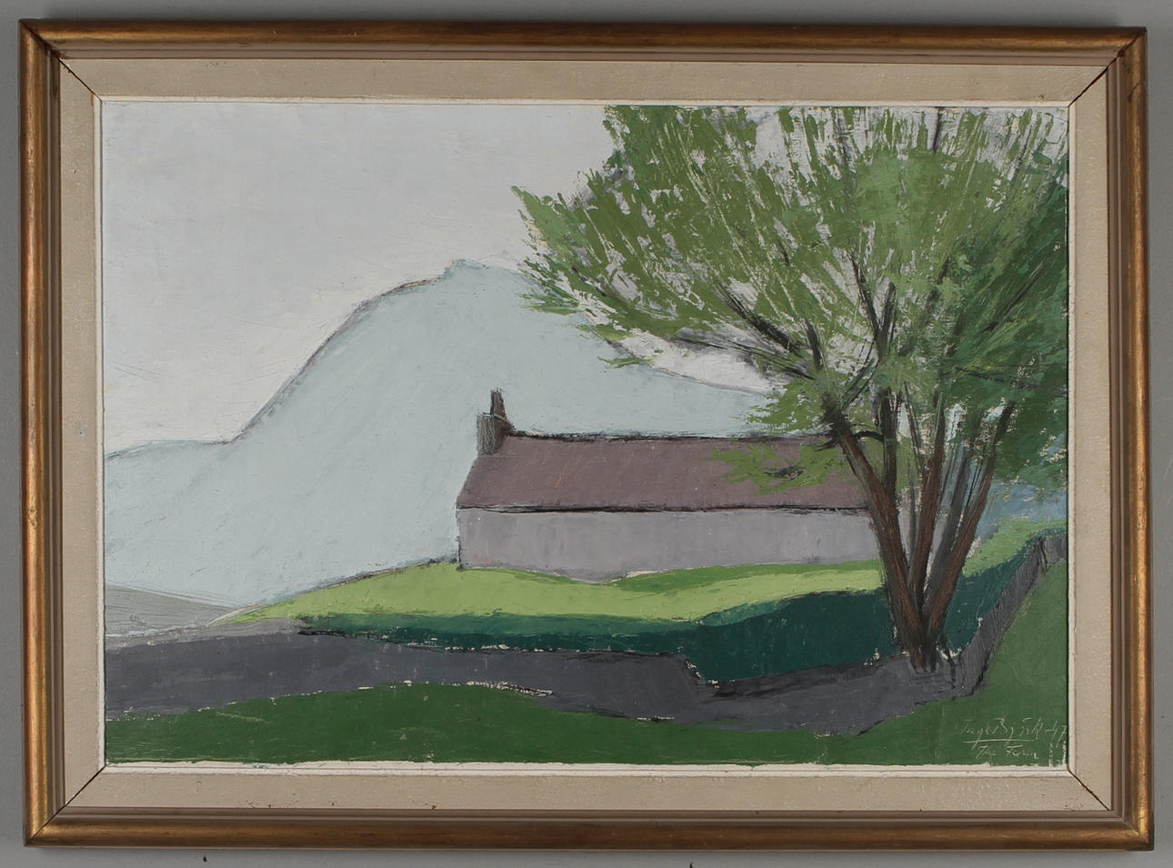 TAGE BJÖRK. Landskap med byggnad, olja på duk, signerad.