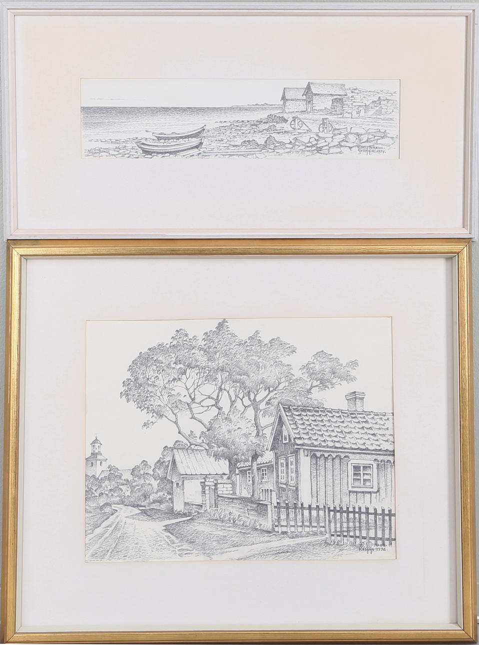 STIG JONZON. Teckningar, 2 st, motiv från Resmo samt Grönvik, signerade.