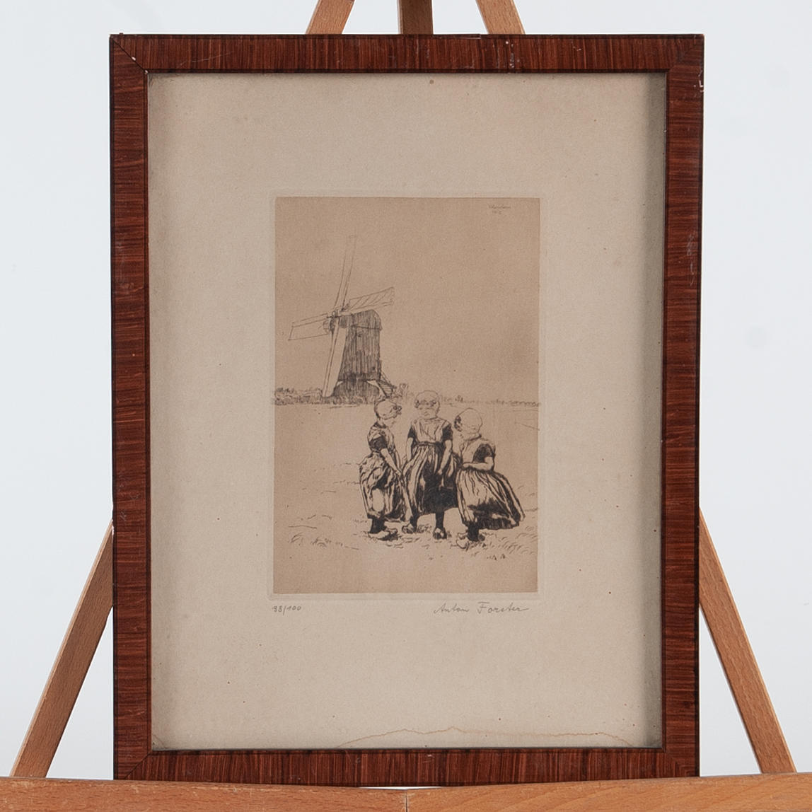ANTON FORSTER. Dry needle etching, signed and numbered. Children at the Windmill.