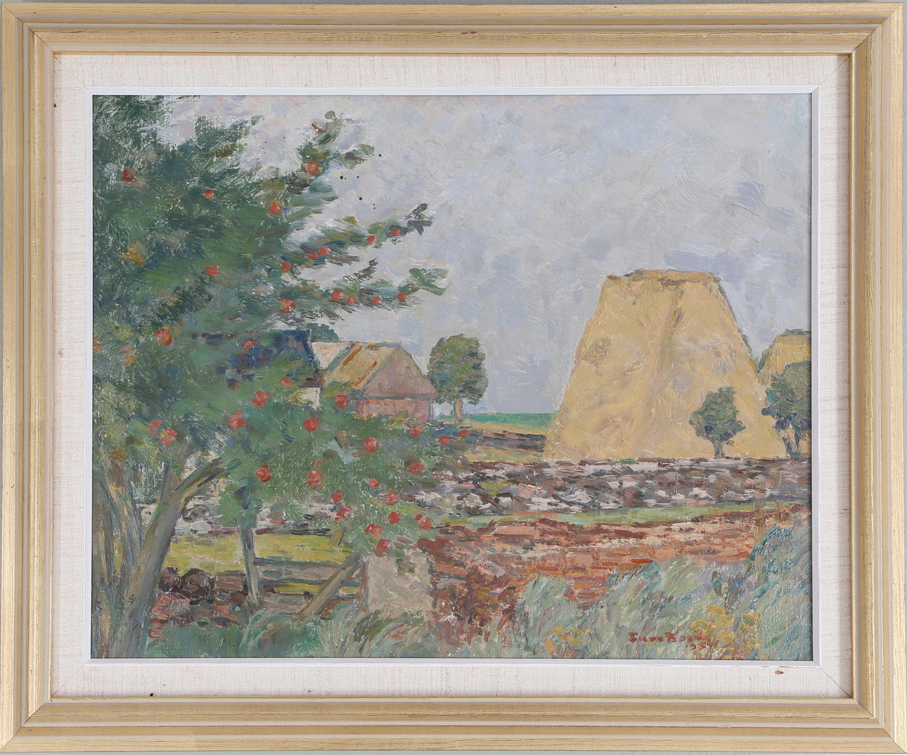 TURE BOSIN. "Sädesdösar i byn", olja på pannå, signerad och daterad.