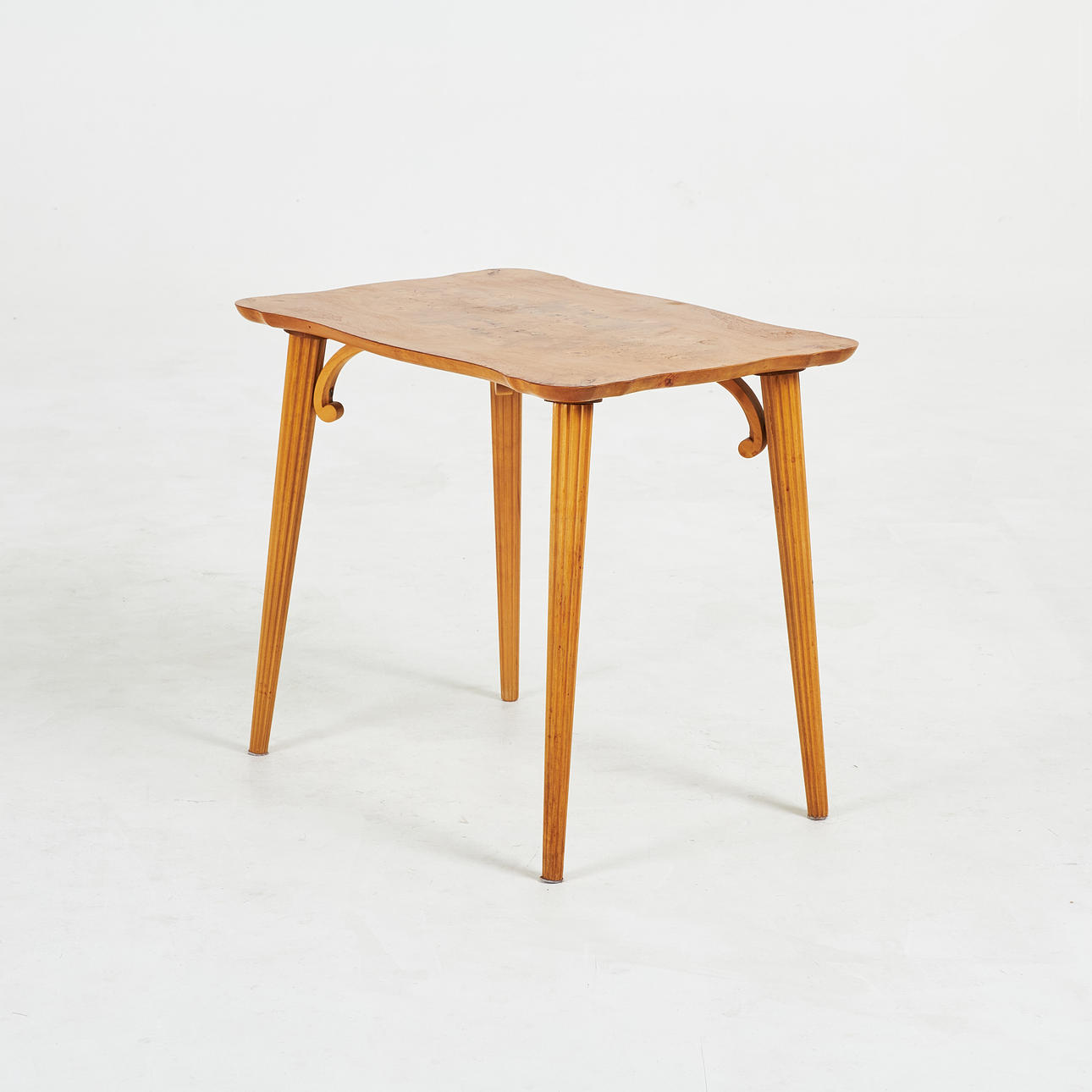 A side table, Swedish Modern, 1940s, root veneer top, fluted legs.