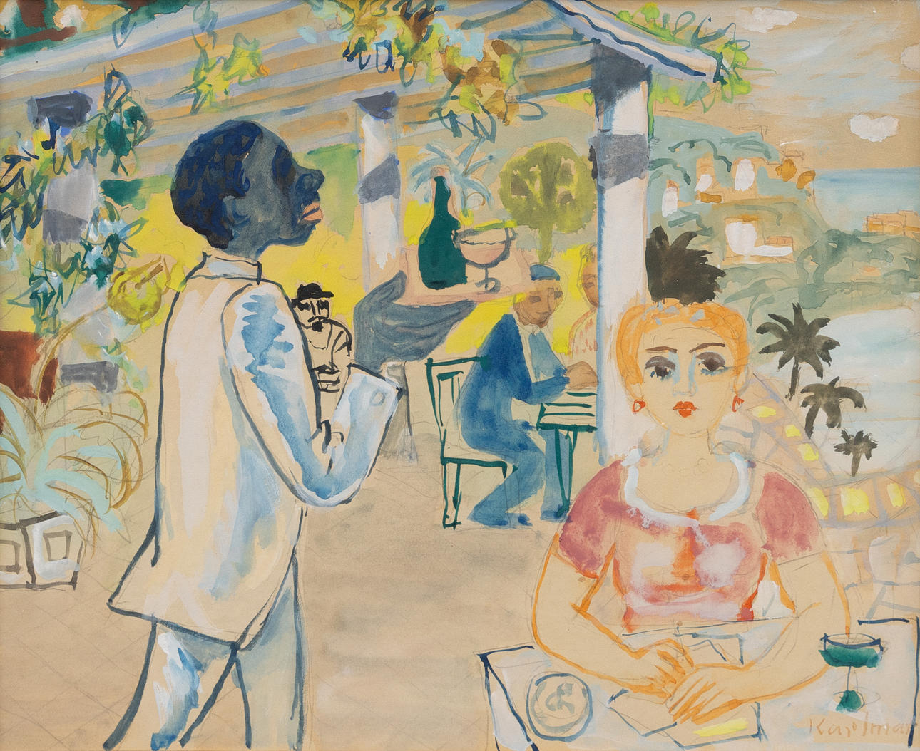 GERHARD KARLMARK. Waiting for serving, mixed media, signed.