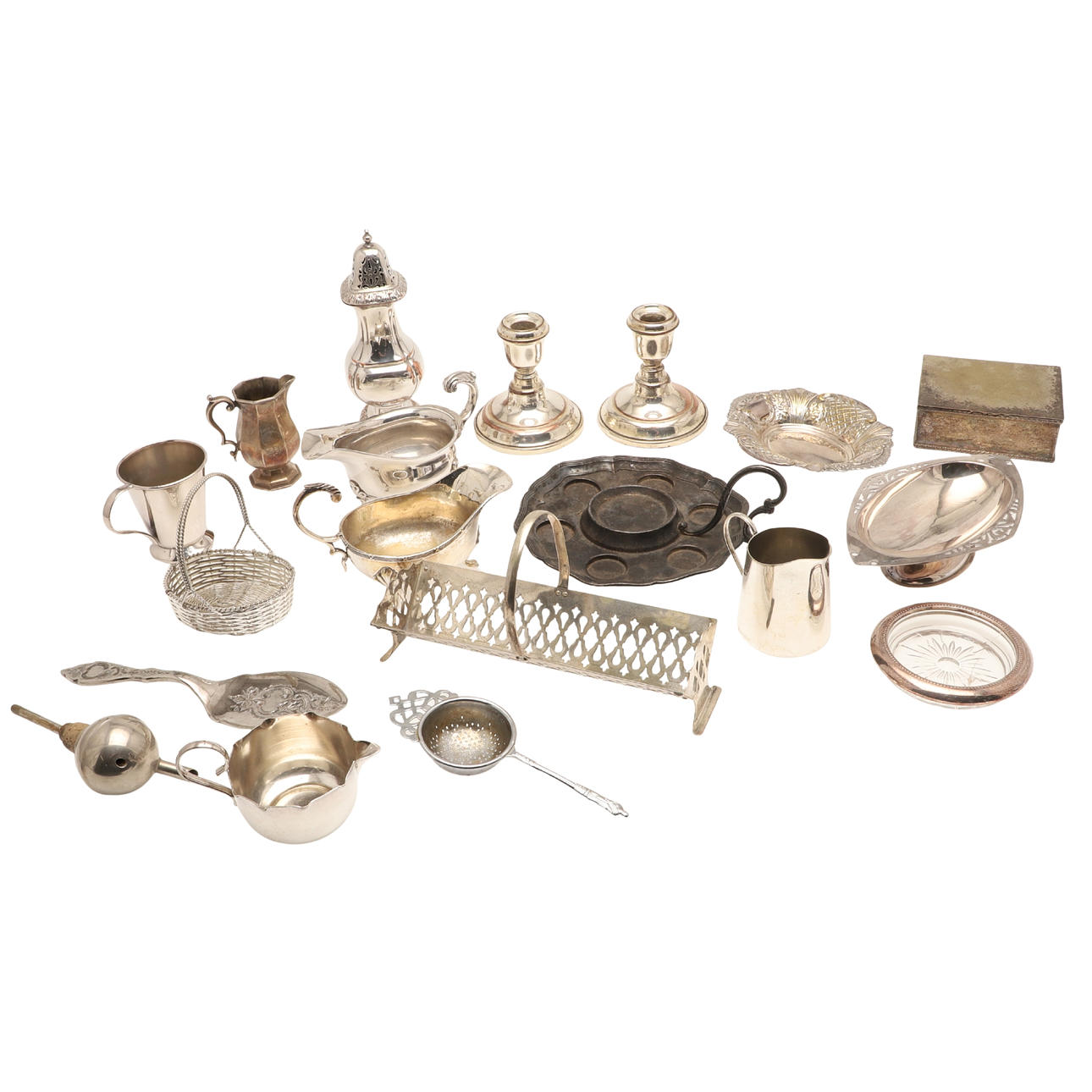 A QUANTITY OF ASSORTED SILVER PLATED WARES.