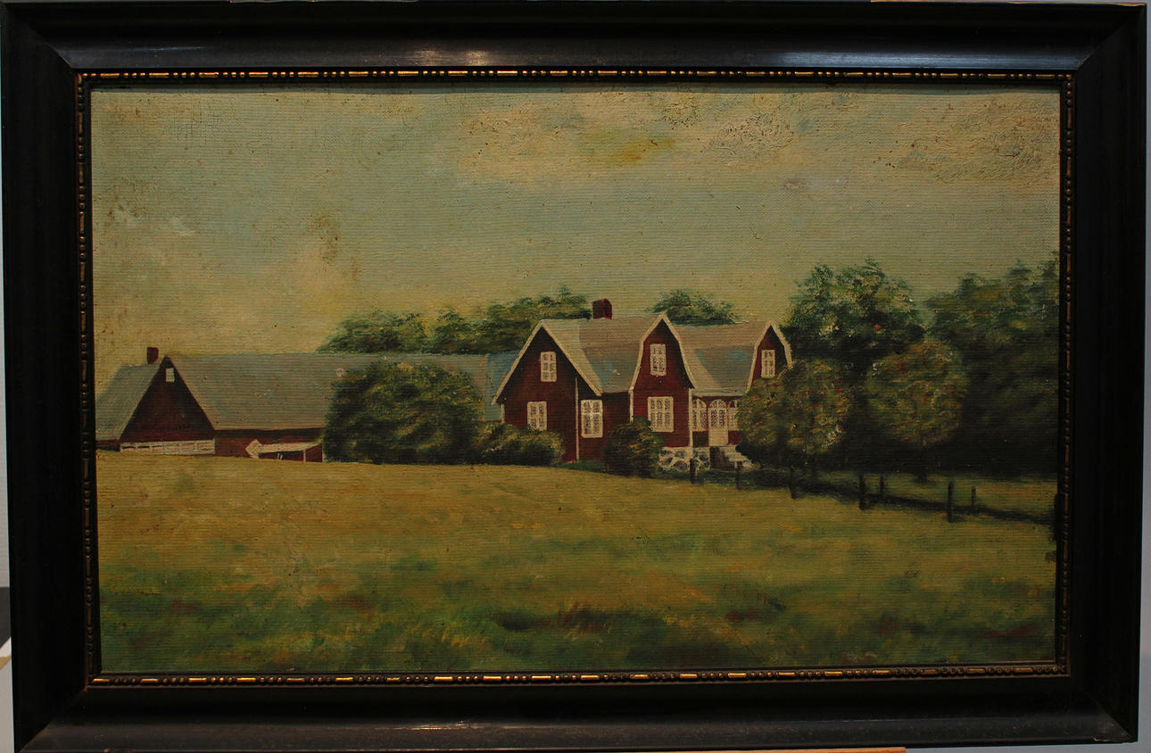 OKÄND KONSTNÄR. Gården Dalen i Billinge. Gåramålning. Olja på papp. Osignerad.