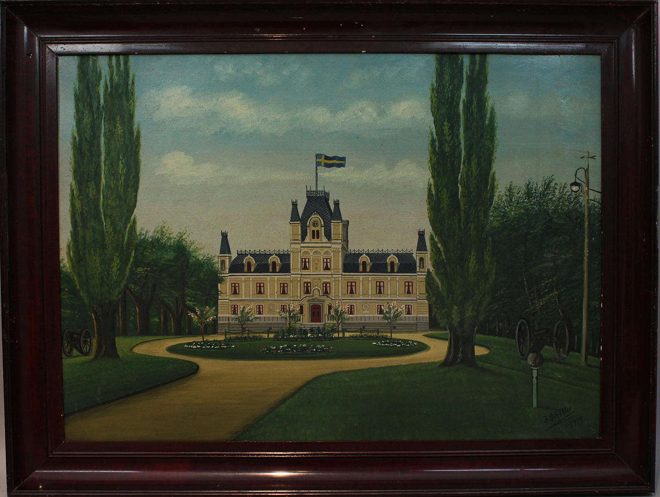 JOHAN SCHILLER. Slottsbyggnad med kanoner, (Stora Bjurum). Gåramålning. Olja på papp. Signera J Schiller och daterad 1919.