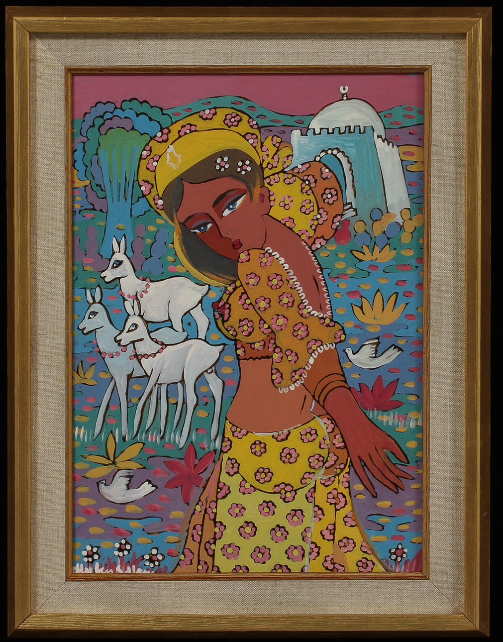 ALY BEN SALEM. Kvinna i landskap, gouache på glas, signerad.