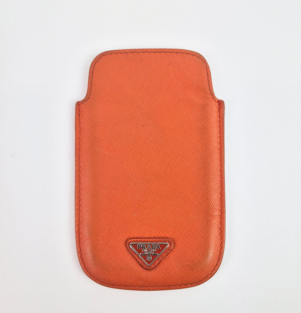 PRADA. ORANGE LEATHER PHONE/CARD HOLDER.