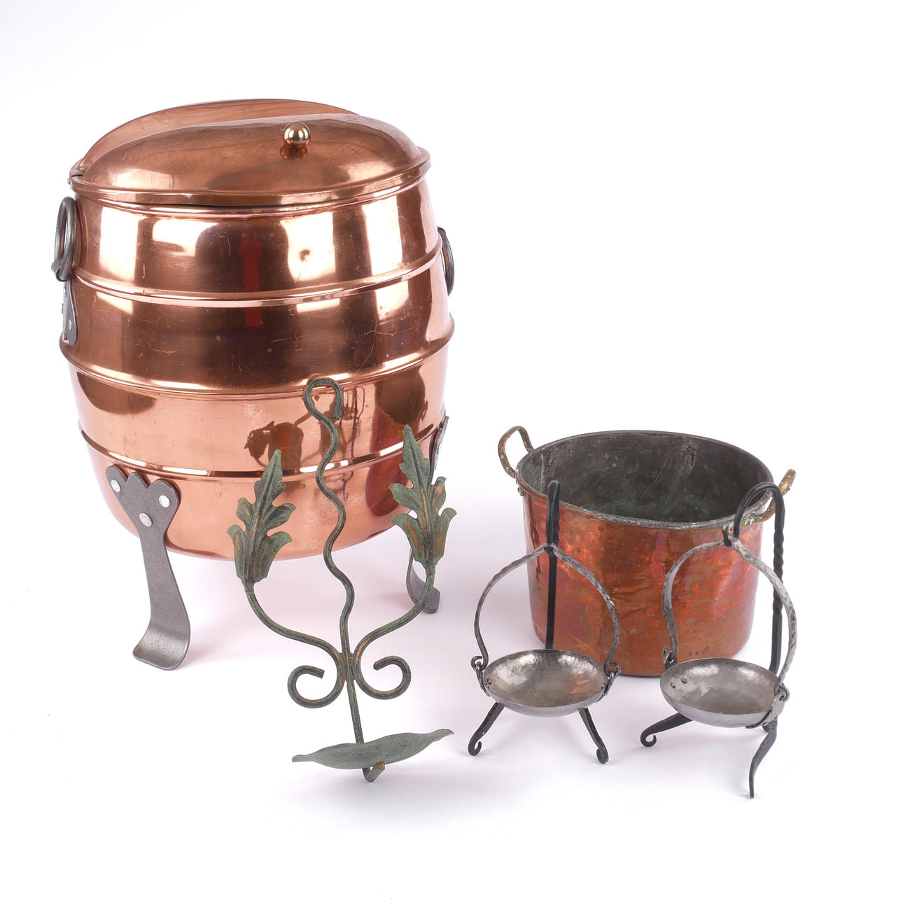 WATER BARREL, SCONCE, CANDLE LANTERNS mm, 5 pcs, copper and iron.