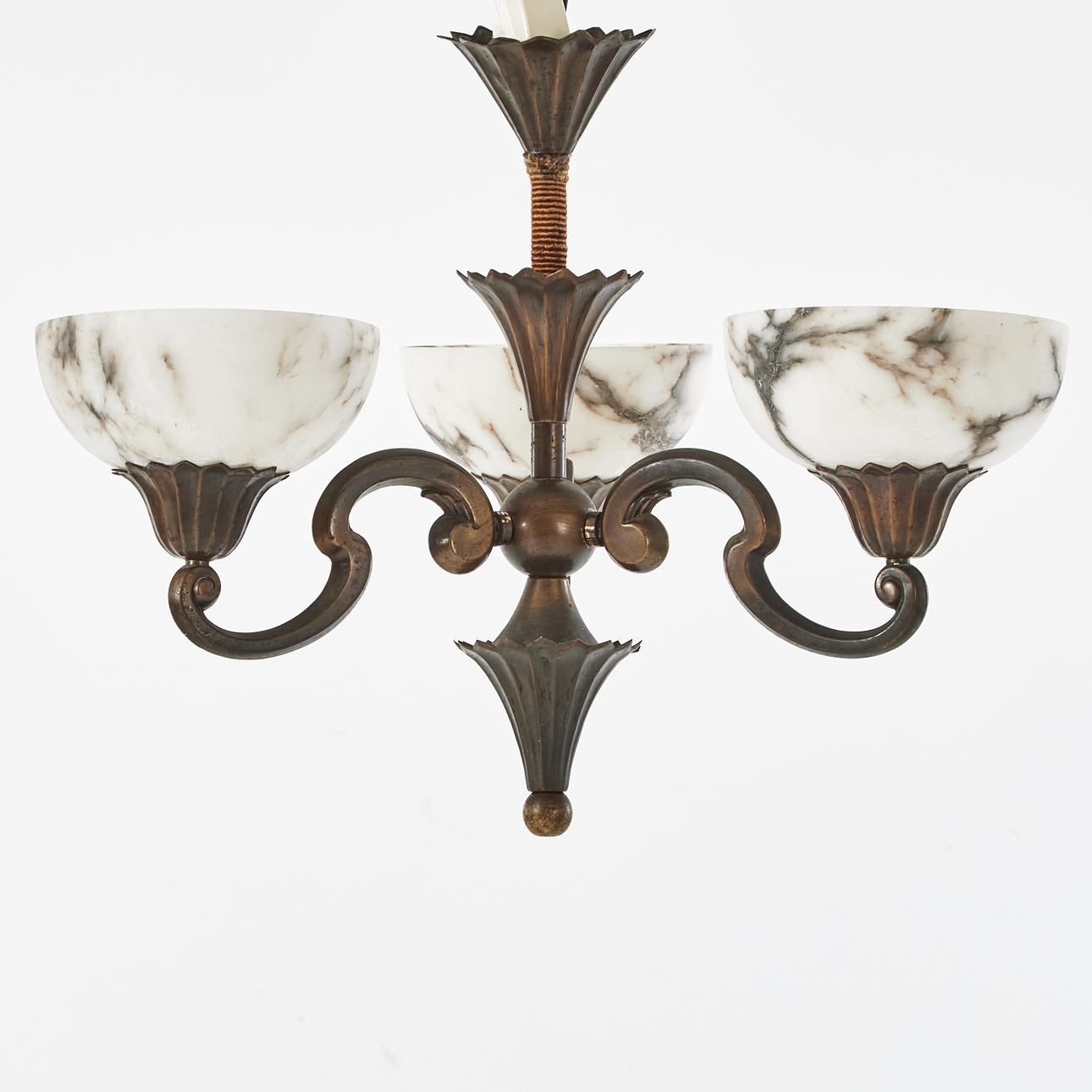 A ceiling lamp, patinated brass, 1930s/40s.