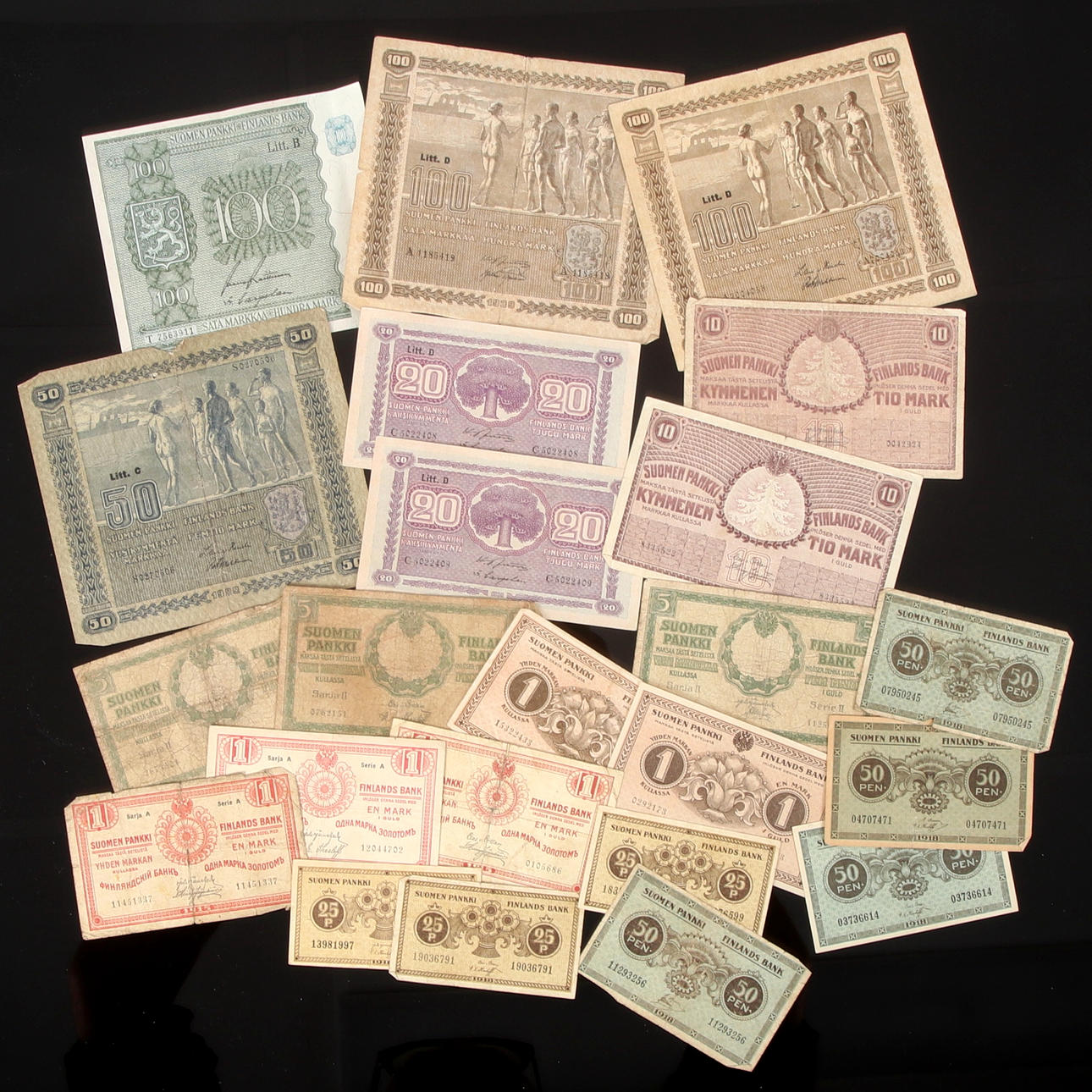 PENGESEDLER, 23 finske, 1909-1945.