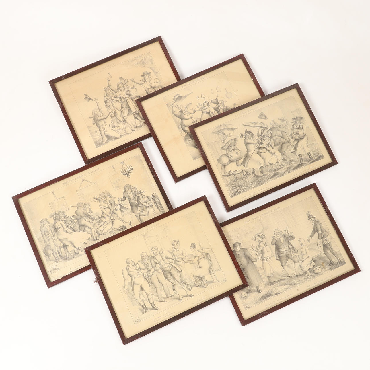 CARICATURES, 6 framed prints, signed AKG.