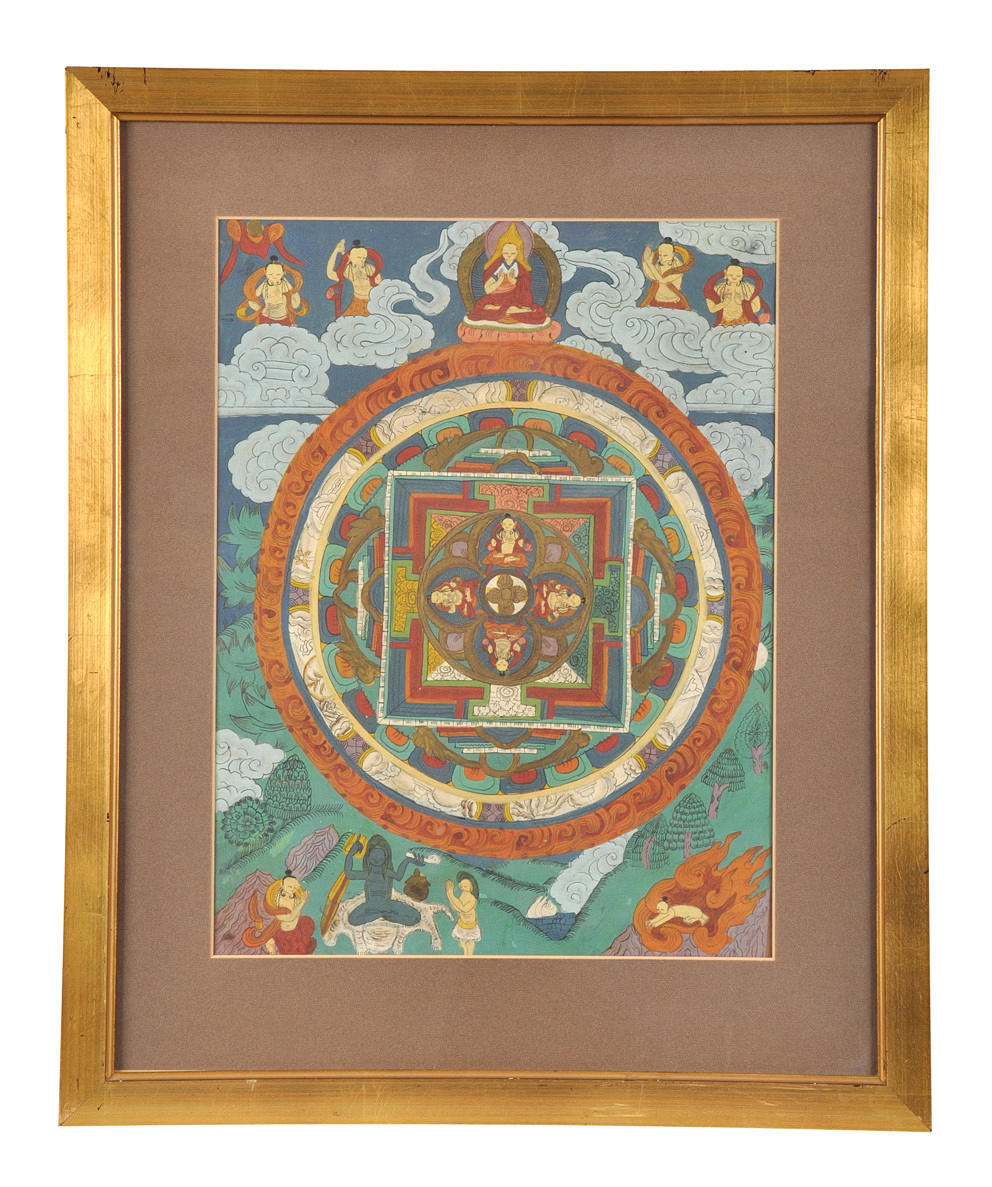 MANDALA THANGKA. Helgon på moln, mytologiska djur scener.