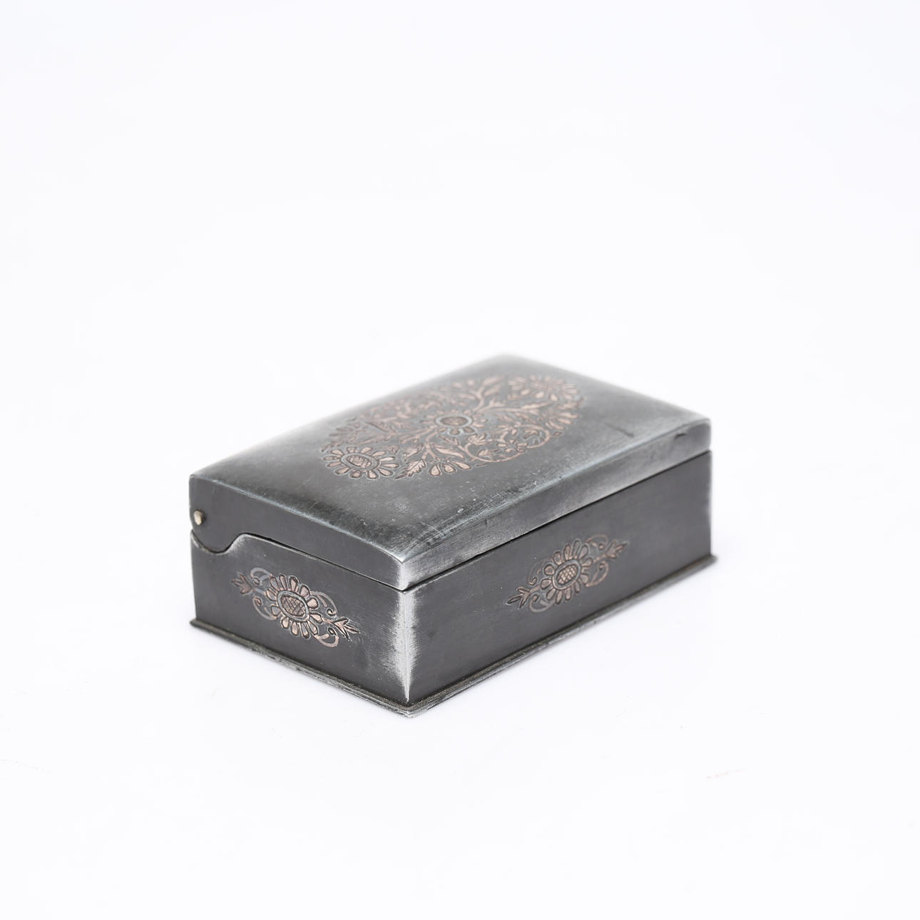A box, oriental, metal with silver inlay.